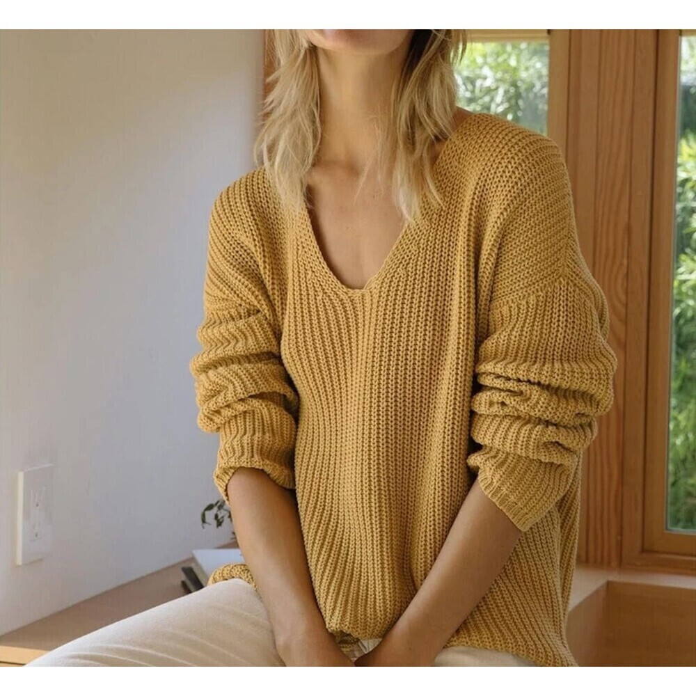 Jenni Kayne Sweater Women L Mustard Yellow Fisherman Chunky Knit Oversized Cozy